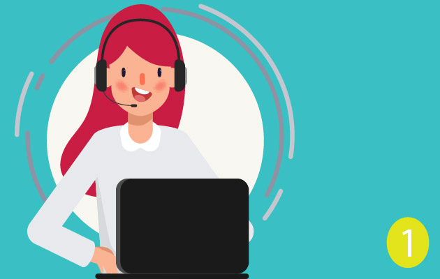 A graphic of a woman talking on a headset and working at a laptop